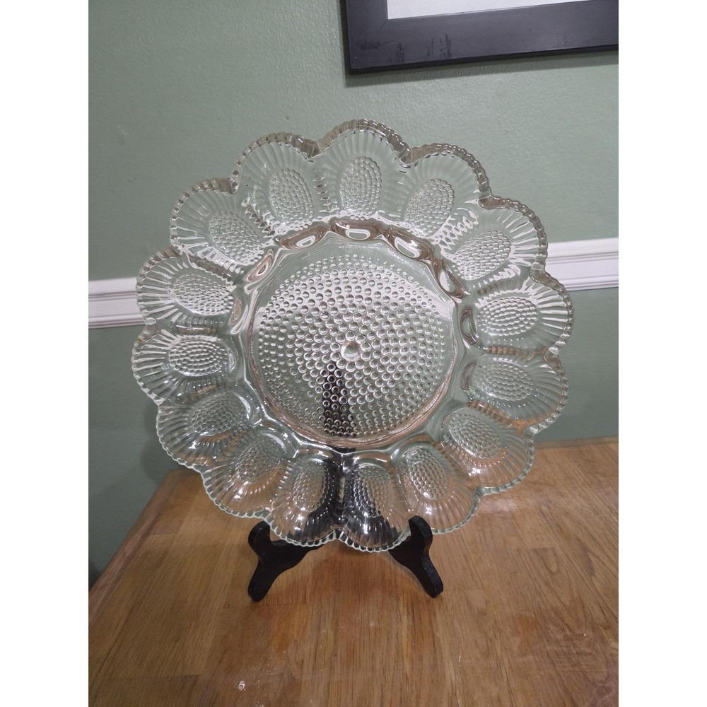 Vintage Hobnail Clear Glass Deviled Egg Plate Great Condition 11" Wide Heavy